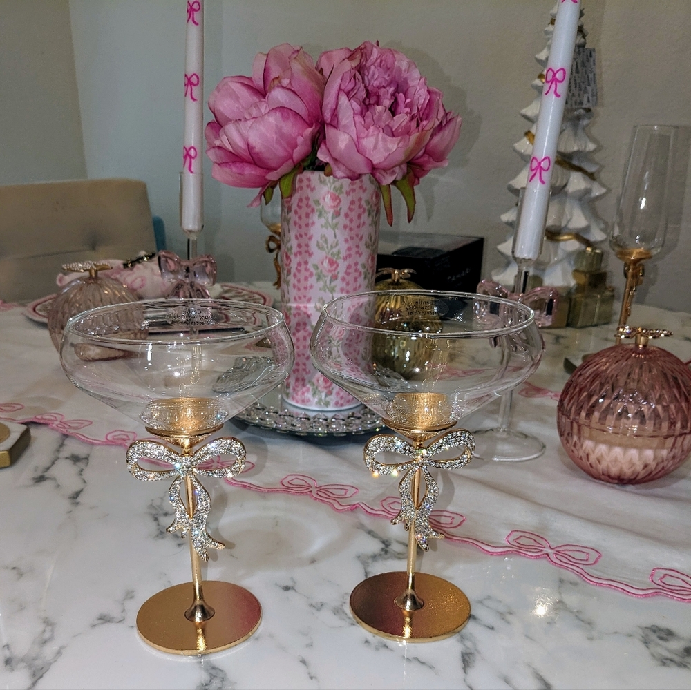 Set of 2 Gold Rhinestone Bow Martini Glass
